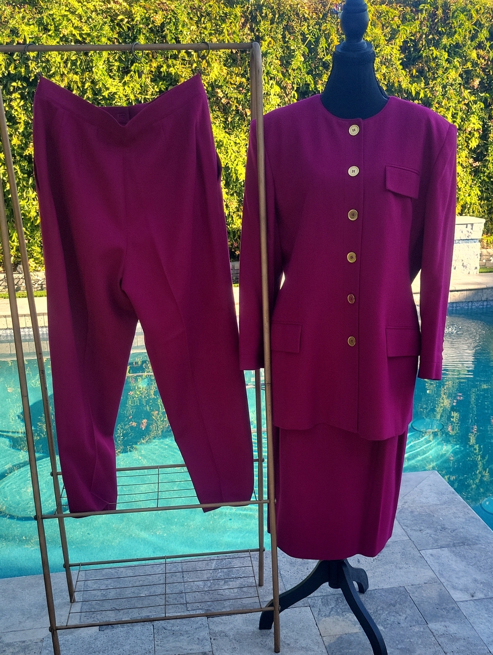Rare 3-Pc Vintage Christian Dior Magenta Wool Crepe Suit Set - Blazer Skirt Pant